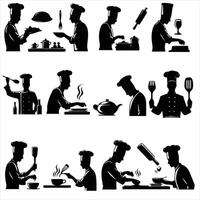 printchef silhouette , capocuoco pose silhouette , capocuoco in piedi silhouette , cucinando silhouette , cibo silhouette , capocuoco personaggio silhouette , cucina silhouette vettore