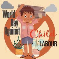 illustrazione di mondo giorno contro bambino lavoro duro e faticoso, con bambini Lavorando per raccogliere legna da ardere. divieto cartello per campagna modello vettore