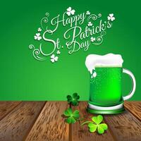 verde birra con trifoglio su di legno pavimento per st. Patrick giorno vettore