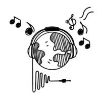 mano disegnato scarabocchio terra globo ascoltando musica utilizzando cuffia illustrazione vettore