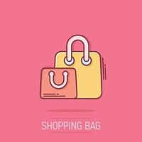 shopping Borsa icona nel comico stile. borsetta cartone animato cartello vettore illustrazione su bianca isolato sfondo. pacchetto spruzzo effetto attività commerciale concetto.