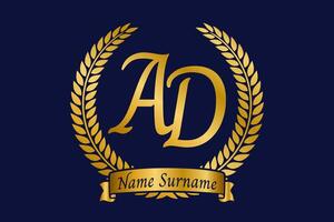 iniziale lettera un' e d, anno Domini monogramma logo design con alloro ghirlanda. lusso d'oro calligrafia font. vettore