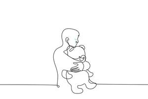uomo pianto mentre abbracciare un' orsacchiotto orso - uno linea disegno. concetto psicologico sessione, interno bambino di un adulto, solitudine, perdita di un' bambino, dolore e risentimento vettore