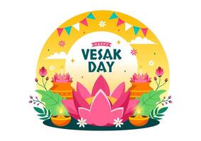 Vesak giorno celebrazione vettore illustrazione con tempio silhouette, loto fiore, lanterna o Budda persona nel vacanza piatto cartone animato sfondo