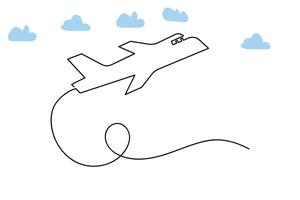 continuo linea singola aereo sentiero su il nuvole. e una linea mondo viaggio volo linea aerea schema icona arte vettore