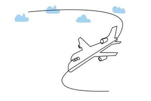 continuo linea singola aereo sentiero su il nuvole. e una linea mondo viaggio volo linea aerea schema icona arte vettore