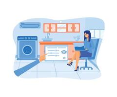 inteligente casa concetto. donna seduta nel moderno cucina, controllo Casa digitale sistema su tavoletta app. piatto vettore moderno illustrazione