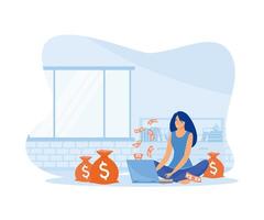 giovane donna Lavorando nel davanti di il computer portatile con i soldi in giro suo. piatto vettore moderno illustrazione