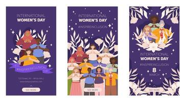 iwd ispirare inclusione campagna, internazionale Da donna giorno 2024 verticale sociale media storie modello collezione Caratteristiche un' diversità di donne fabbricazione il cuore gesto con loro mani. vettore