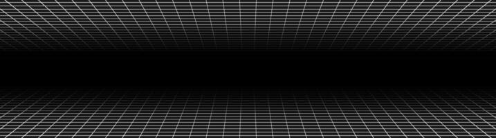 griglia prospettica wireframe. maglia bianca infinita su sfondo nero, stile retrò astratto. illustrazione vettoriale. vettore