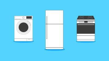 un' impostato di tre domestico elettrodomestici un' lavaggio macchina, un' frigorifero e un elettrico fornello. vettore