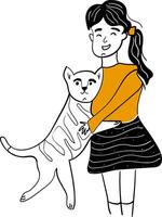 un' contento ragazza abbracci sua domestico cat.il di gattino proprietario coccole sua animale domestico con amore e carezza.vettore scarabocchio illustrazione isolato su bianca sfondo. vettore