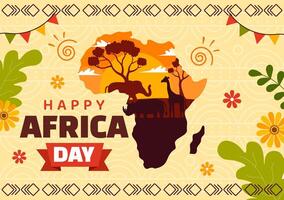 contento Africa giorno vettore illustrazione su 25 Maggio con cultura africano tribale figure e tipico animale nel flora e fauna piatto cartone animato sfondo
