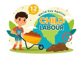 mondo giorno contro bambino lavoro duro e faticoso vettore illustrazione su 12 giugno con bambini Lavorando per il necessità di vita nel piatto cartone animato sfondo