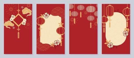 Cinese nuovo anno copertina sfondo vettore. lusso sfondo design con Cinese modello, lanterna, nube, fuochi d'artificio, fiore. moderno orientale illustrazione per coperchio, striscione, sito web, sociale media. vettore