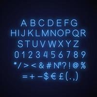 alfabeto blu, numeri e segni matematici icona luce al neon. simboli luminosi abc. lettere. illustrazione vettoriale isolato