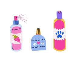 vettore impostato di animale domestico cura cosmetici. shampoo, macchia e colonia spray. prodotti per animale domestico toelettatori e proprietari nel piatto di moda colorato stile. cane e gatto lavaggio forniture isolato clipart