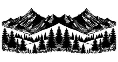 panorama silhouette montagna con foresta pino alberi paesaggio nero linea schizzo arte mano disegnato stile vettore illustrazione