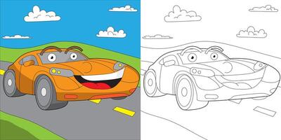 carino sorridente gara auto colorazione pagina per bambini vettore