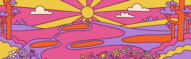 hippie panoramico paesaggio. fiori, nuvole, tramonto e colline. Vintage ▾ 70s stile Stampa. contorno mano disegnato illustrazione. vettore