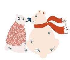 coppia di orsi polari innamorati. tema di amore animale carino. orsi di natale disegnati a mano in maglione e sciarpa. illustrazione di tiraggio della mano del fumetto di vettore su un fondo bianco.