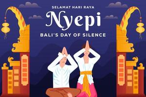 nyepi bali giorno di silenzio sfondo illustrazione con Due persone preghiere vettore