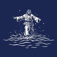 Gesù Cristo a piedi su il acqua su buio blu sfondo vettore