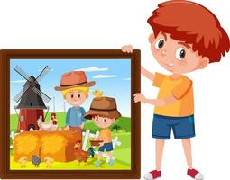 un personaggio dei cartoni animati ragazzo con in mano una foto di un ragazzo nella fattoria con suo padre vettore