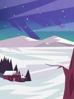 bellissimo scenario del paesaggio naturale in inverno con neve, foresta, montagne e cabina. illustrazione vettoriale di sfondo banner