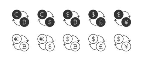 moneta scambio schema icona impostare. dollaro, Euro, bitcoin, libbra, yen. i soldi simbolo, finanziario crisi. semplice vettore illustrazione.