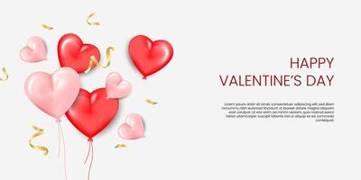 contento san valentino giorno bandiera con 3d creativo amore rosso e rosa cuore palloncini, oro metallo su bianca sfondo. vettore