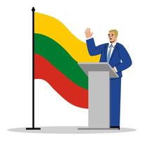 il Presidente di Lituania prende il giuramento di ufficio. un' uomo nel un' completo da uomo sta con il bandiera di Lituania. vettore illustrazione