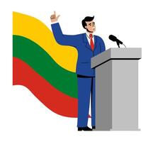 il Presidente di Lituania prende il giuramento di ufficio. un' uomo nel un' completo da uomo sta con il bandiera di Lituania. vettore illustrazione