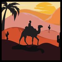 cammelli passaggio attraverso il deserto. africano paesaggio. voi può uso esso per islamico sfondi, striscioni, manifesti, siti web, sociale media e Stampa media. vettore illustrazione.