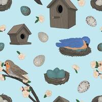 primavera tempo senza soluzione di continuità modello. ornamento di uccelli, nido, uccello case, uova. cartone animato vettore design.