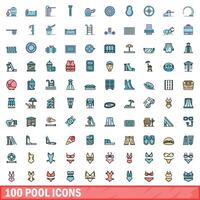 100 piscina icone impostare, colore linea stile vettore
