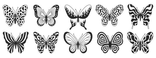 farfalla primo impostato di nero e bianca Ali nel il stile di ondulato Linee e biologico forme. y2k estetico, tatuaggio silhouette, mano disegnato adesivi. vettore grafico nel di moda retrò anni 2000 stile