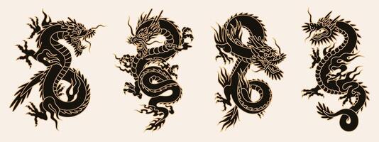 impostato di quattro Cinese draghi di nero e oro colori. simbolo di nuovo anno 2024. asiatico Vintage ▾ zodiaco simboli. design elementi per il tuo vacanza banner e manifesti vettore