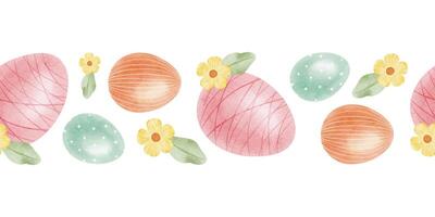 carino colorato Pasqua uova, fiori e le foglie. primavera senza soluzione di continuità confine di con Pasqua uova con pastello colori. isolato acquerello illustrazione. modello per Pasqua carte, copertine, manifesti, inviti vettore