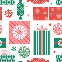 Natale senza soluzione di continuità modello per vacanza involucro carta o moderno nuovo anno tessile. scatole con i regali, caramelle e Lecca-lecca modulo un' nuovo anni composizione. vettore. vettore