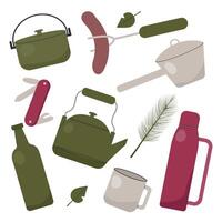 piatto vettore illustrazione di campeggio utensili impostato nel cartone animato stile