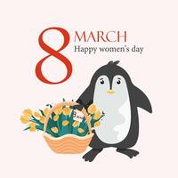 internazionale Da donna giorno. un' carino pinguino detiene un' cestino con giallo tulipani nel suo zampe. pinguino. cartolina per marzo 8. parole di Congratulazioni su Da donna giorno. a partire dal marzo 8°. vettore illustrazione