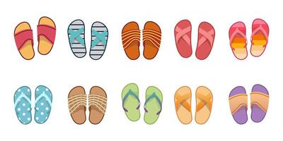vettore estate pantofole impostare, piatto design. vietnamita Flip flop su bianca sfondo. vietnamita ardesia scarpe per spiaggia. Flip flop estate scarpe illustrazione, Visualizza a partire dal sopra.