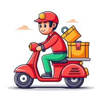 un illustrazione con un' consegna persona su un' scooter, completare con scatole, nel un' cartone animato stile vettore