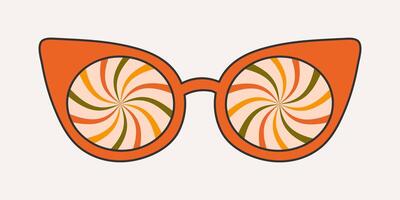 alla moda occhiali da sole nel scanalatura stile, cartone. retrò accessorio su un' leggero sfondo, hippy, anni '70. vario trippy modelli nel bicchiere, spirale. vettore