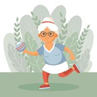 contento vecchio donna nonna va nel per gli sport, yoga, passeggiate. un anziano donna è esercizio. piatto illustrazione nel cartone animato stile, vettore