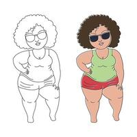 sovrappeso donna nel un' costume da bagno e occhiali da sole, schizzo e illustrazione. corpo positività concetto. linea arte, vettore