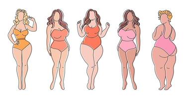 impostato di sagome di donne con diverso figure. corpo positività concetto. Stampa, illustrazione, vettore
