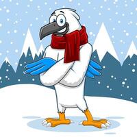 inverno falco uccello carino cartone animato carattere. vettore illustrazione con paesaggio sfondo