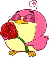 carino chickadee uccello cartone animato personaggio Tenere un' rosa. vettore illustrazione isolato su bianca sfondo